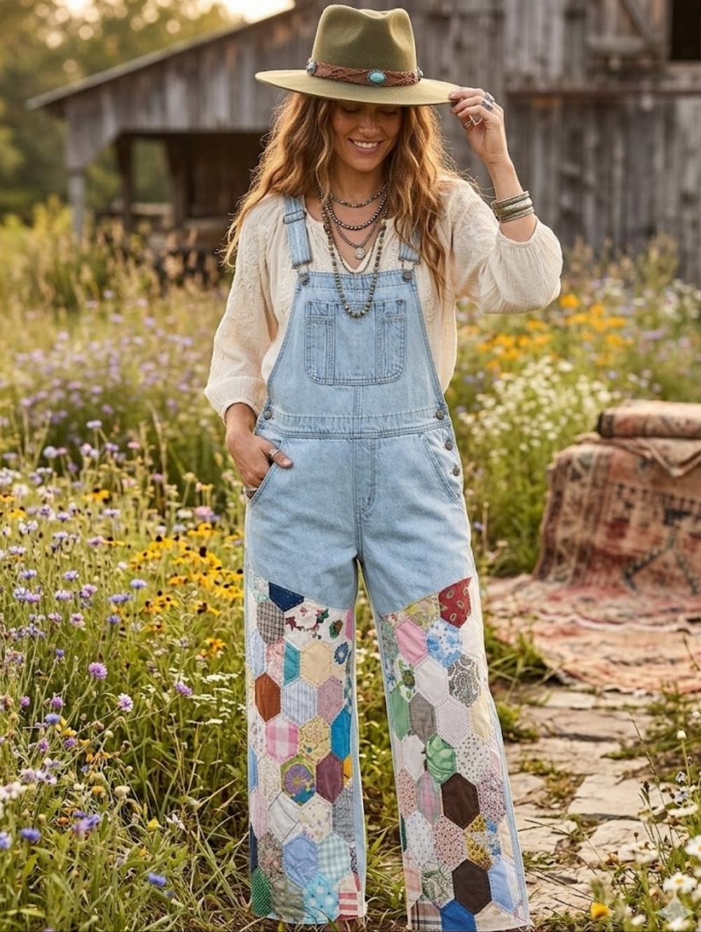 Upcycled Boho Patchwork Overalls Size 10